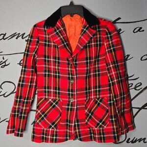 Vintage 70s Girls Red Plaid Blazer with Black Velvet Collar, YL